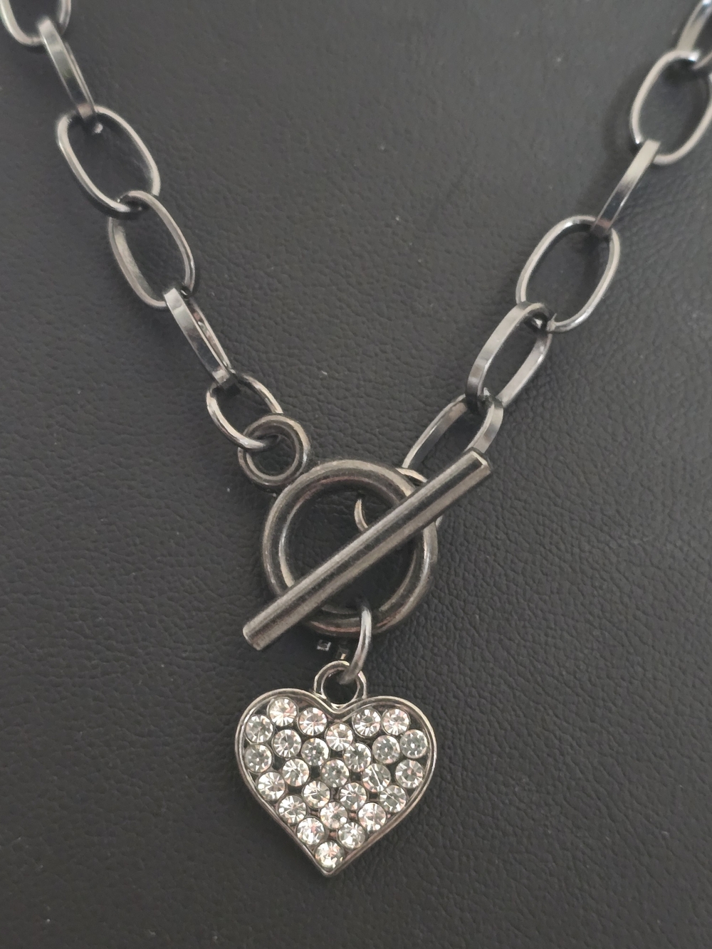 Gunmetal Chain Necklace with Pave Heart Charm